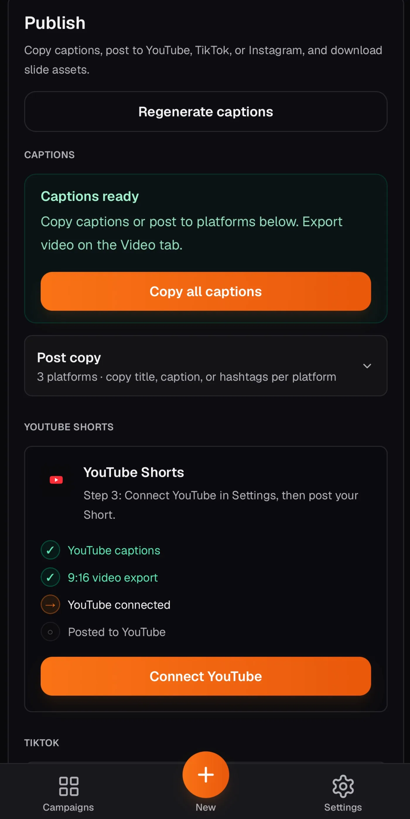 SlidePress publish screen with platform posting and captions