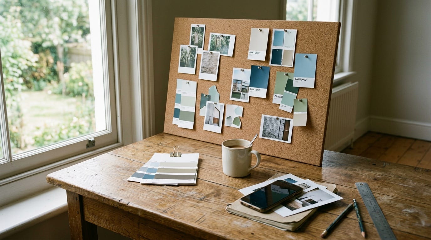 still life of a wooden designer desk with a standing cork mood board, printed color chips, photo references, a phone lying on the table, and a mug, bright window light, empty room, no people, no hands, no arms, no logos or fake UI