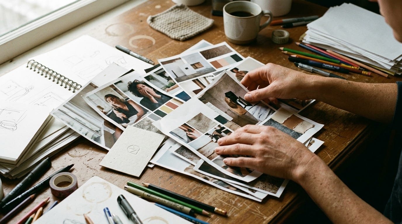 hands sorting printed photo references next to a small logo card, lived-in desk, no text in the photo