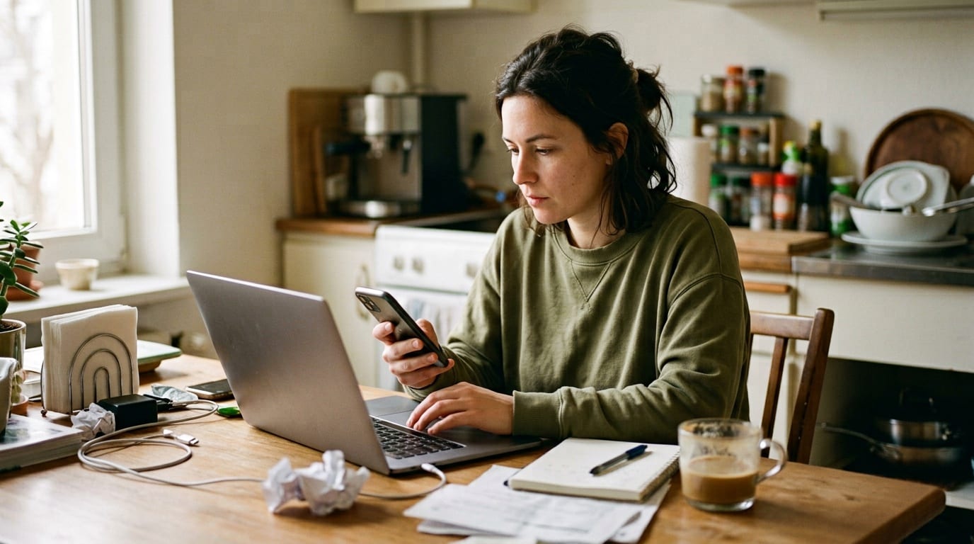 person at a kitchen table with a phone and laptop, posting something, candid documentary photo, no readable logos