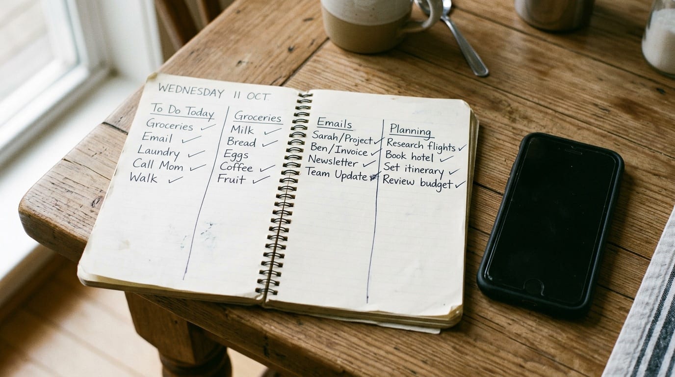 notebook with four short labeled lists beside a phone, natural light, no brand marks