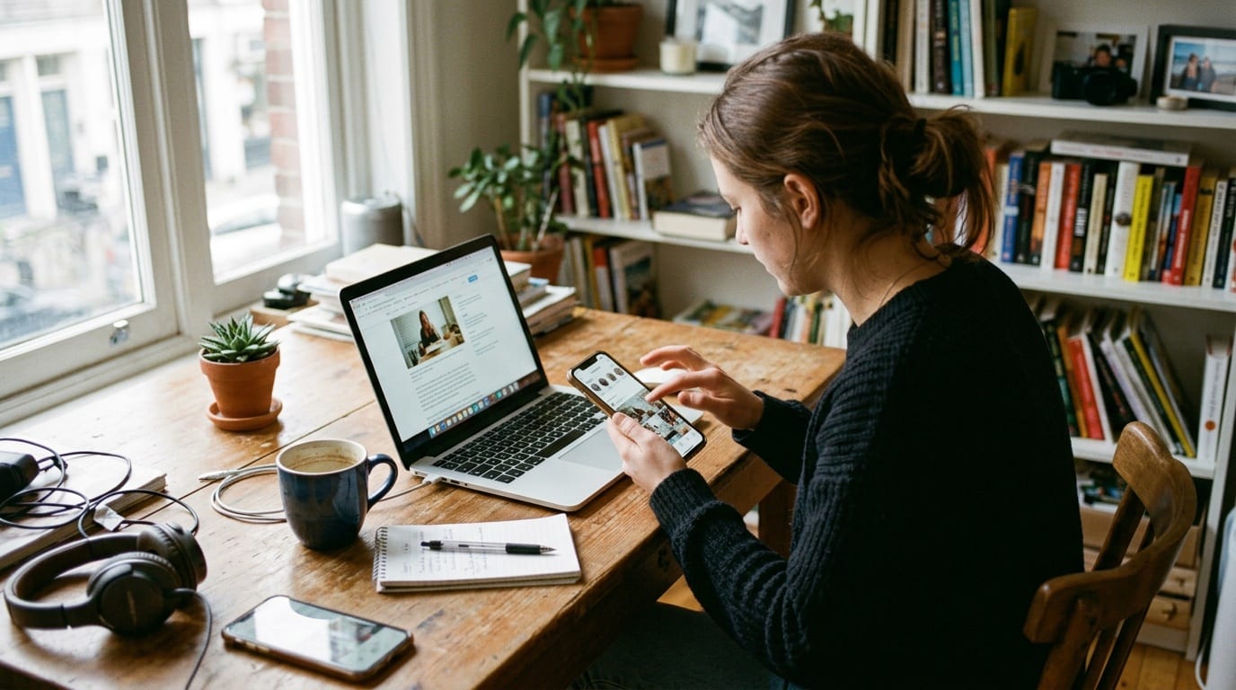 laptop and phone on a wooden table, article on the laptop and a swipeable phone screen beside it, candid natural light, no readable UI text