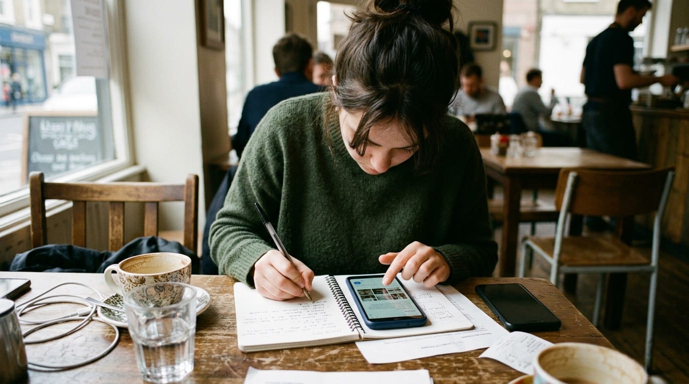 person at a cafe transferring notes from a notebook to a phone, documentary feel, no logos