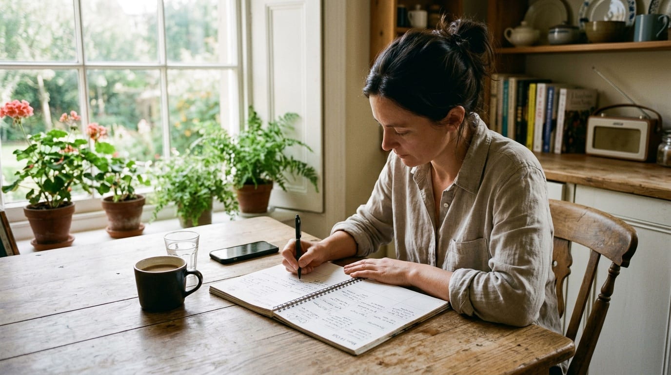 kitchen table with a simple weekly planner, coffee, and a phone face down, morning light, candid, no logos