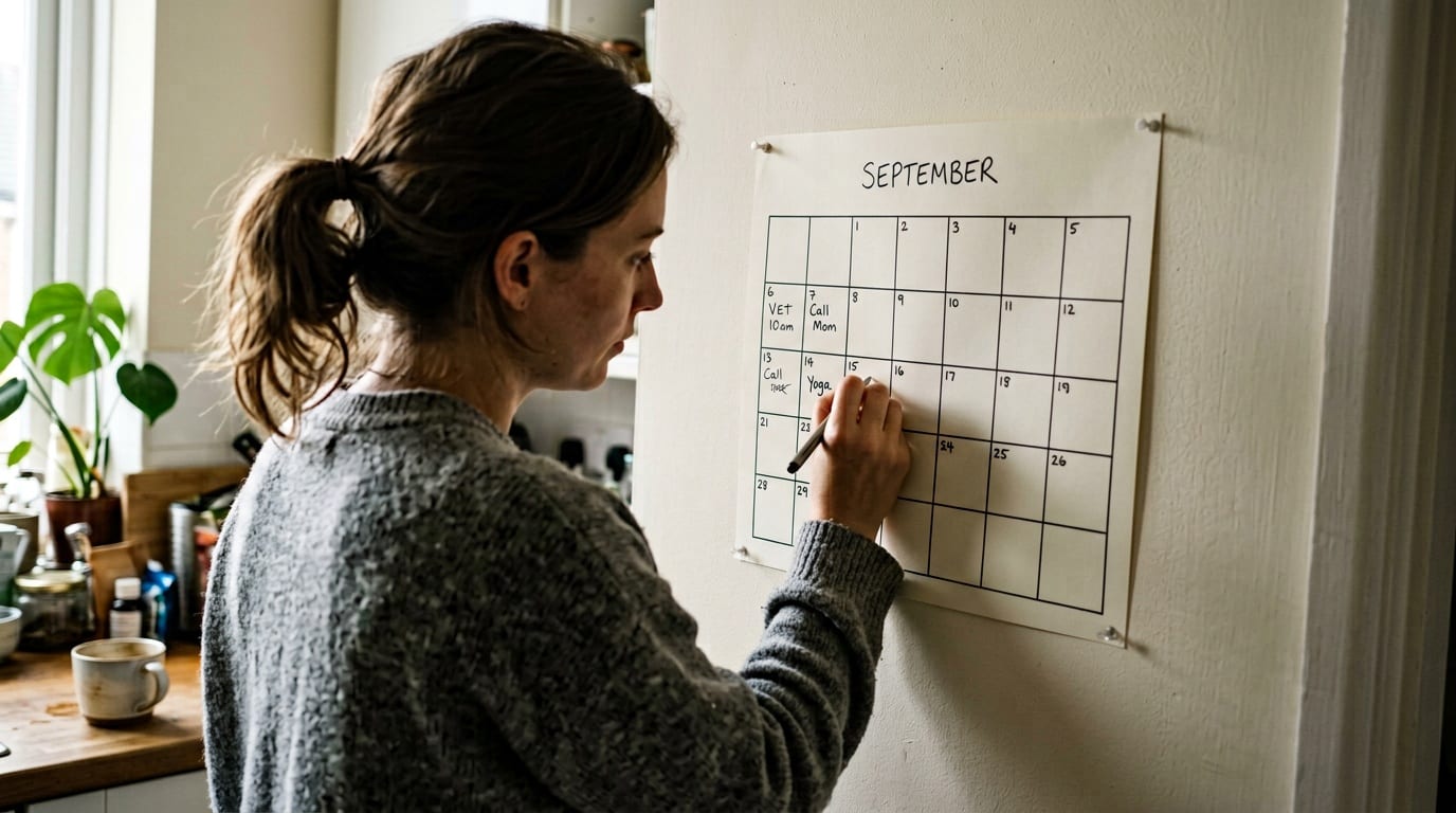 wall calendar with a few marked days and the rest empty, lived-in apartment, natural light