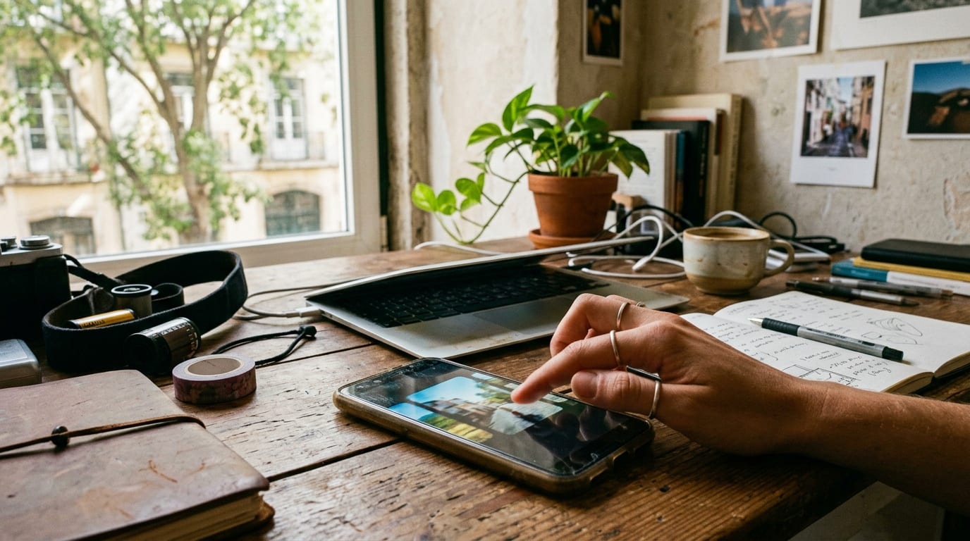 a phone on a sunlit desk mid-swipe through a carousel, candid documentary photo, no logos or on-screen text